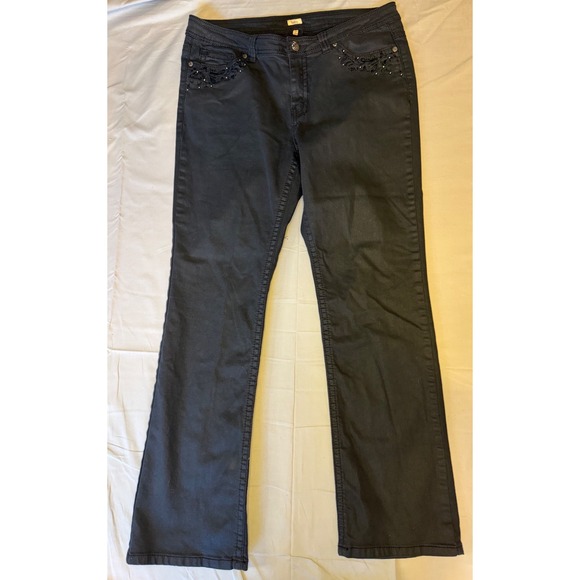 Reba Denim - Reba Black Coated Embroidered Rhinestone Bootcut Jeans Womens Size 12